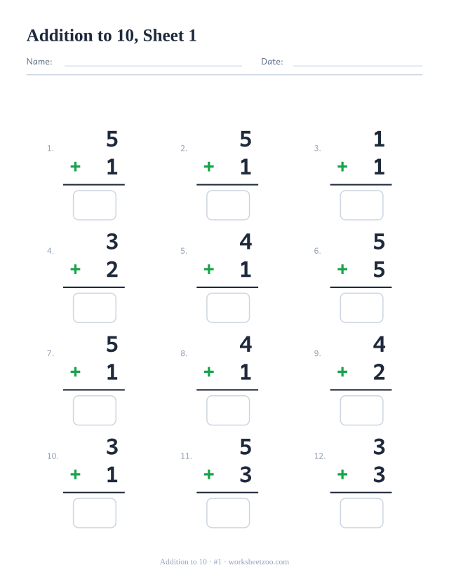 Addition worksheet with 12 problems up to 10 using small numbers, sheet 1