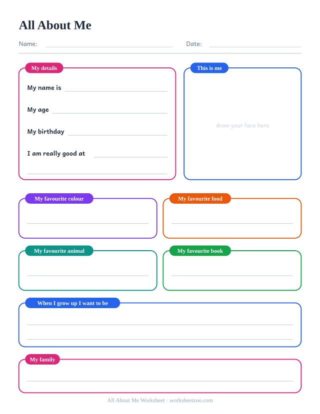 All About Me Worksheet: free printable all about me worksheet PDF for kids