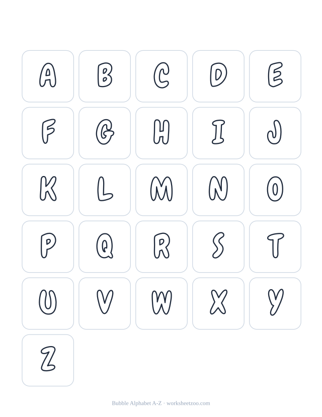Printable bubble letters A to Z poster, the full alphabet in rounded outline letters to colour