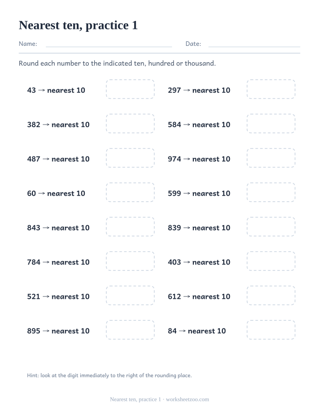 Rounding Worksheets page for Nearest ten, practice 1