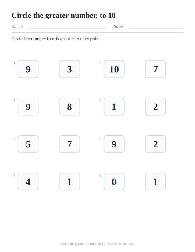 Comparing numbers worksheet, circle the greater number in each pair, numbers to 10