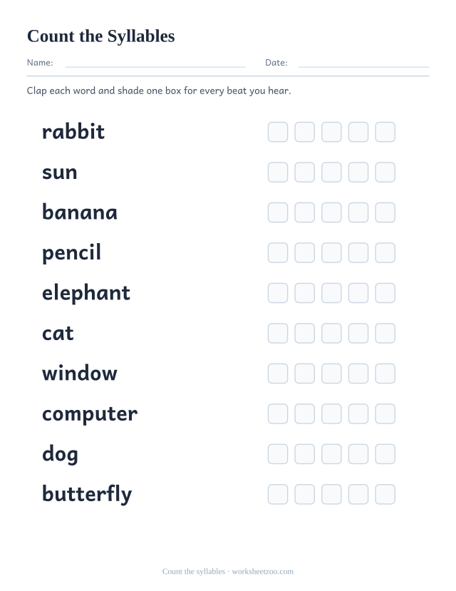 Syllable counting worksheet, ten words with five tick boxes each to shade per beat
