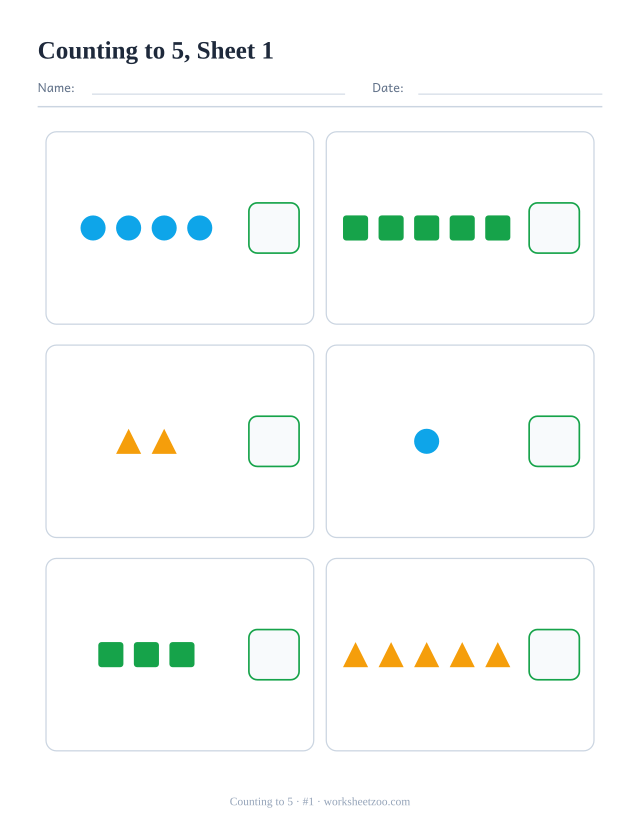Counting worksheet, count the circles, squares and triangles in each box and write the number, up to 5