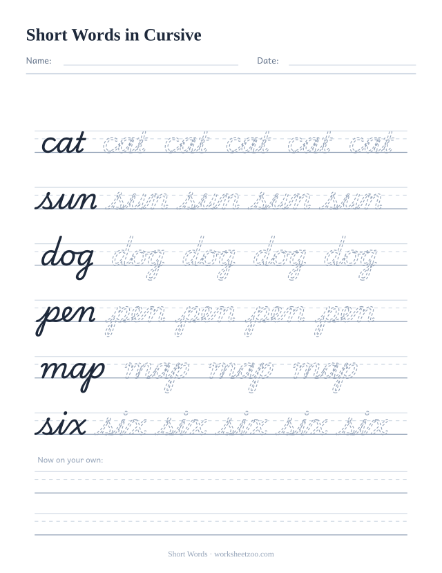 Cursive short words worksheet, trace cat, sun, dog, pen, map and six on handwriting guides