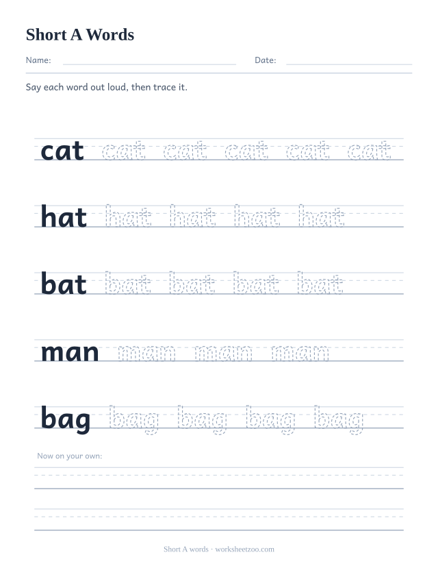 Short A CVC words worksheet, tracing cat, hat, bat, man, bag on handwriting guides
