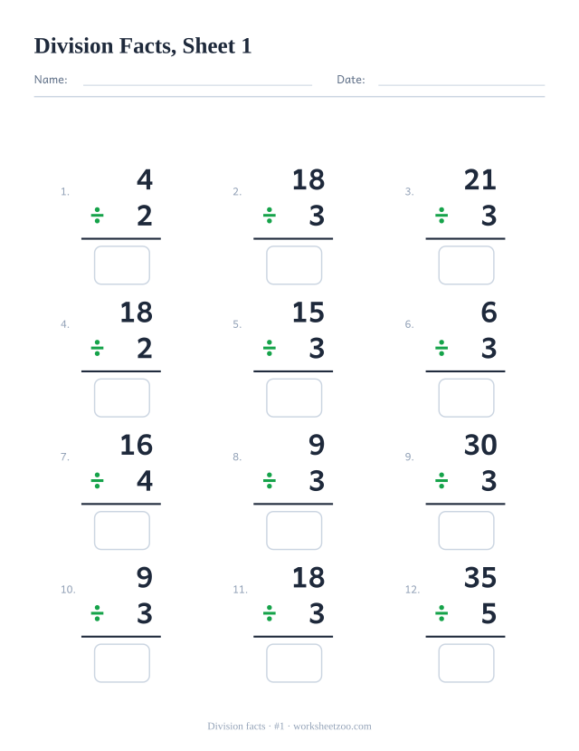 Division facts worksheet with 12 vertical problems from the 2 to 5 times tables, sheet 1