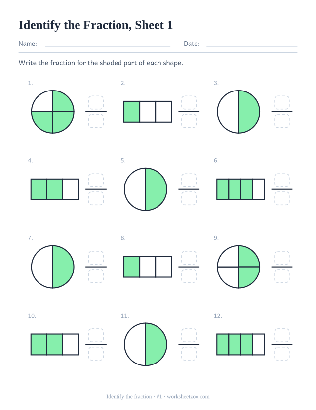 Identifying fractions worksheet with 12 shaded circles and bars showing halves, thirds and fourths, write the fraction for the shaded part, sheet 1