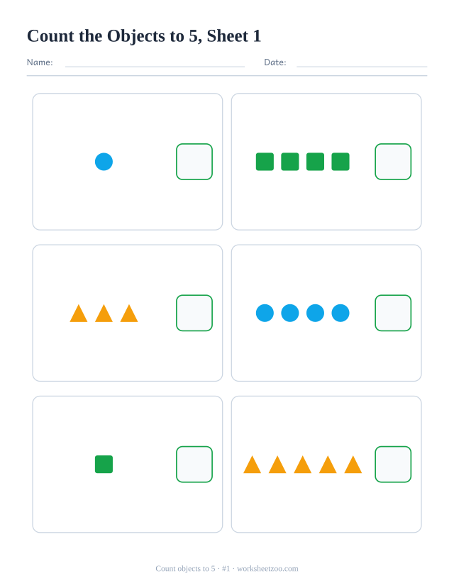 Kindergarten math worksheet: count the circles, squares and triangles in each box, up to 5, and write how many there are, sheet 1