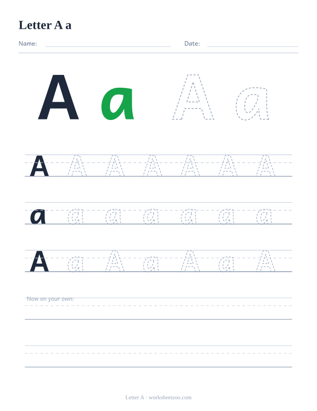 Letter A tracing worksheet, uppercase and lowercase practice with dashed letters