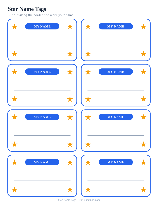Star Name Tags: free printable sheet of eight cut-out name tags