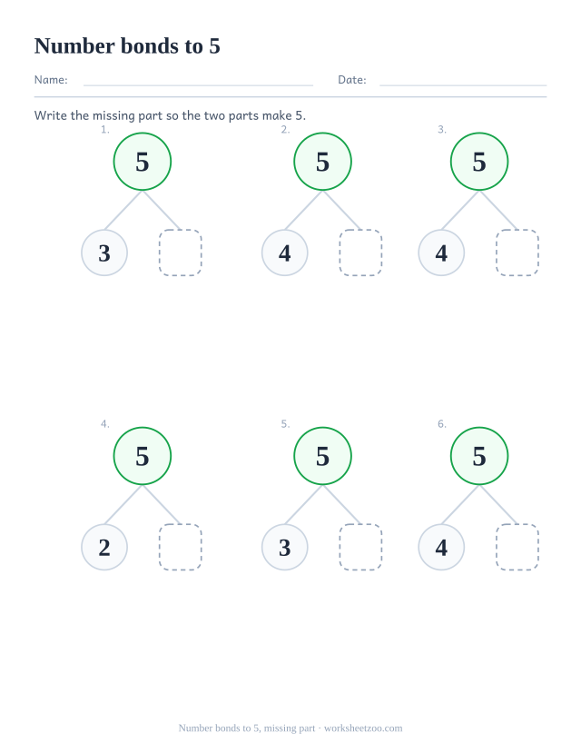 Number bonds to 5 worksheet, six part part whole bond trees with the second part left blank