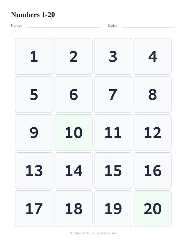 Number chart from 1 to 20 in large format for beginners