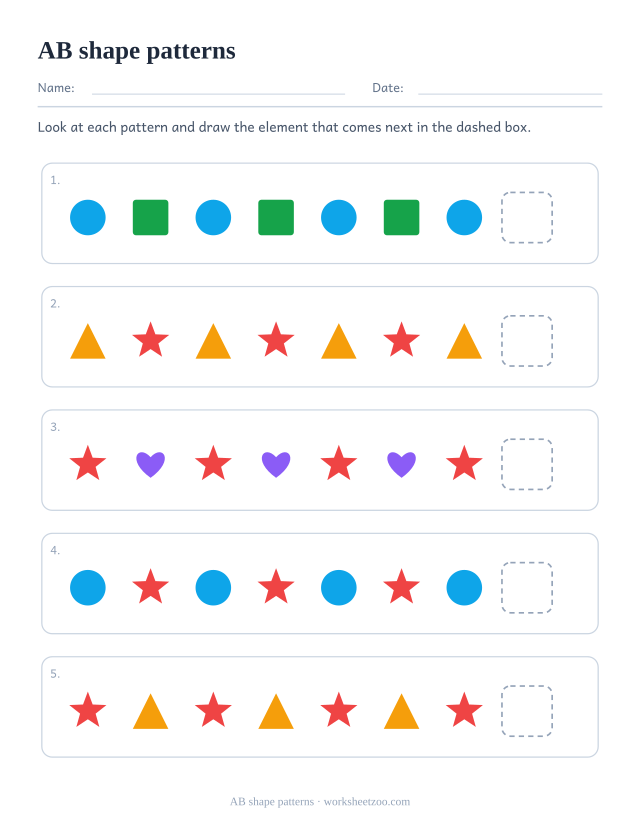 AB shape pattern worksheet, five rows asking what comes next in a repeating unit of 2
