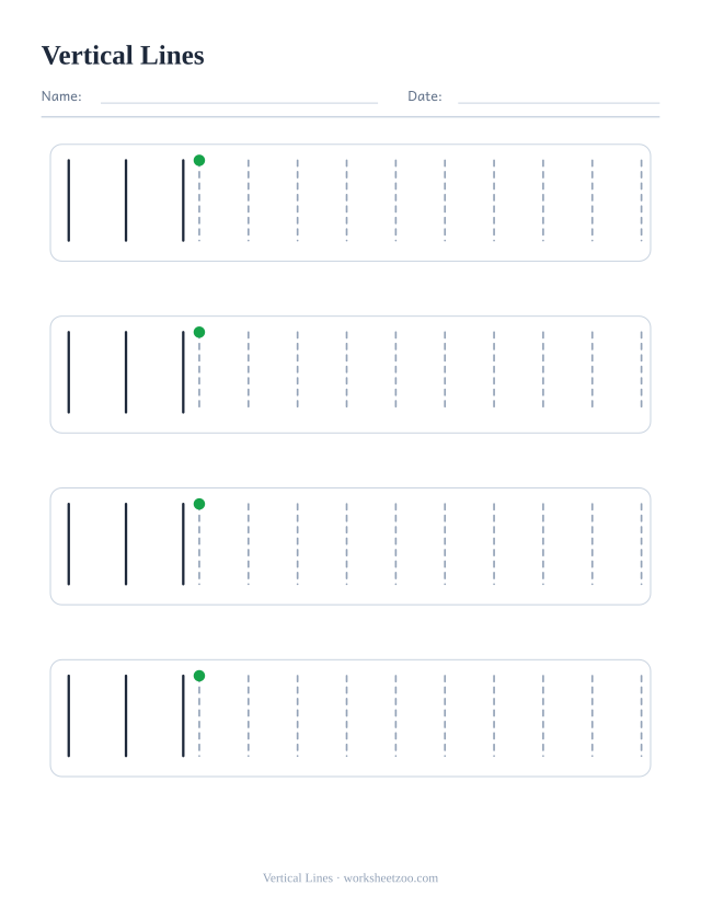 Vertical Lines pre-writing practice worksheet with dashed patterns to trace