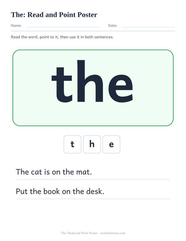 Sight word “the” worksheet, read and point poster printable activity