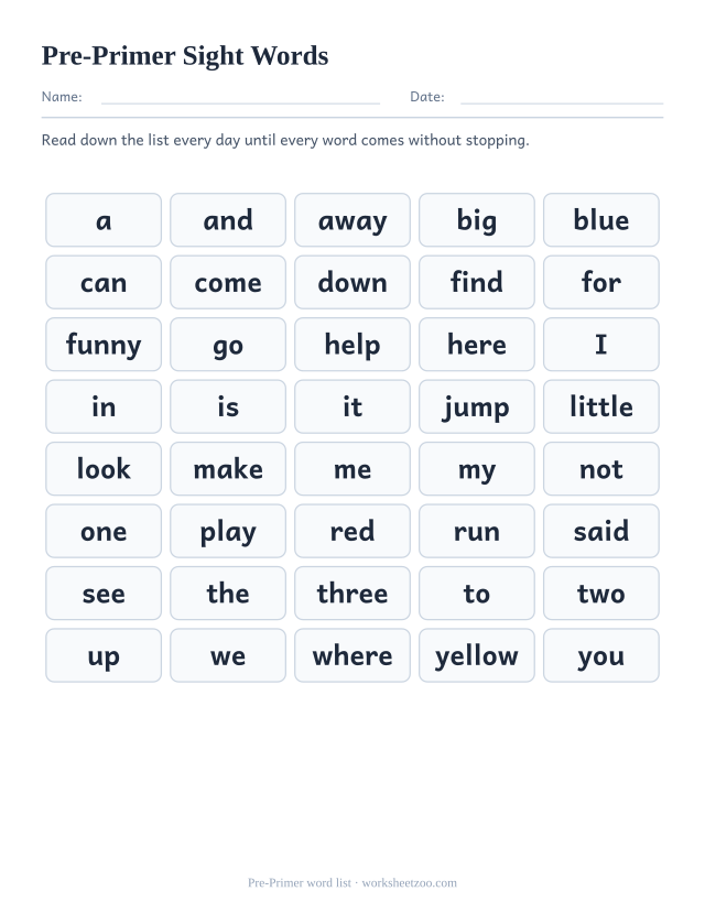 Dolch sight words list for Pre-Primer level, all 40 words in a printable reference chart