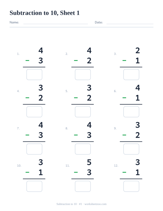 Subtraction worksheet with 12 problems up to 10 using small numbers, sheet 1