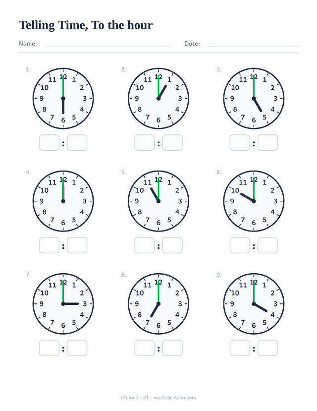 Telling time worksheet, nine analog clocks all on the hour, read each and write the digital time