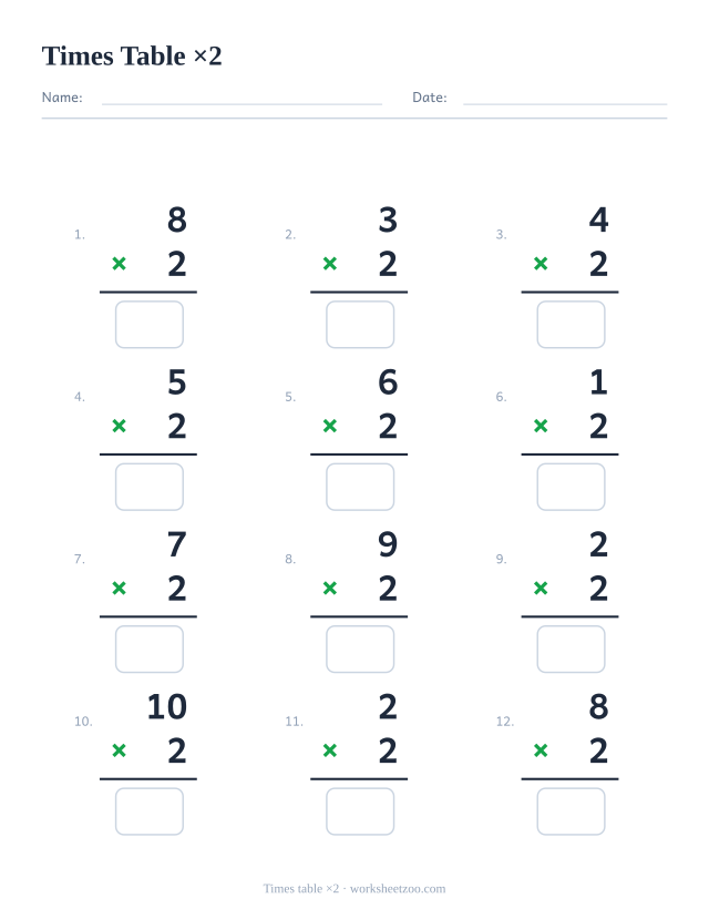 Times table 2 multiplication worksheet with 12 vertical problems and answer boxes