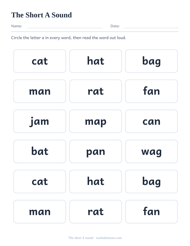 Short A vowel worksheet, eighteen words containing the letter a to find and circle